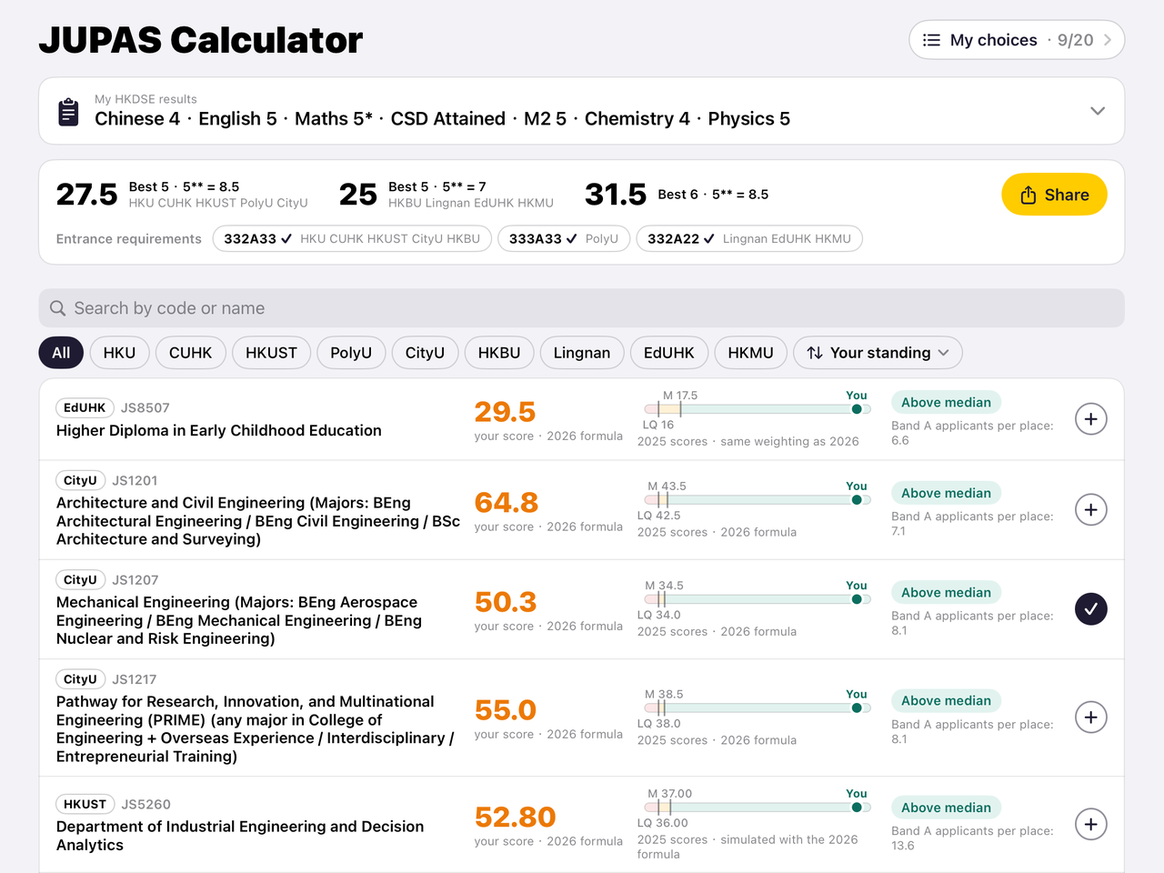JUPAS Calculator — your HKDSE results, your best-subject totals and your score for each programme · 聯招計分器