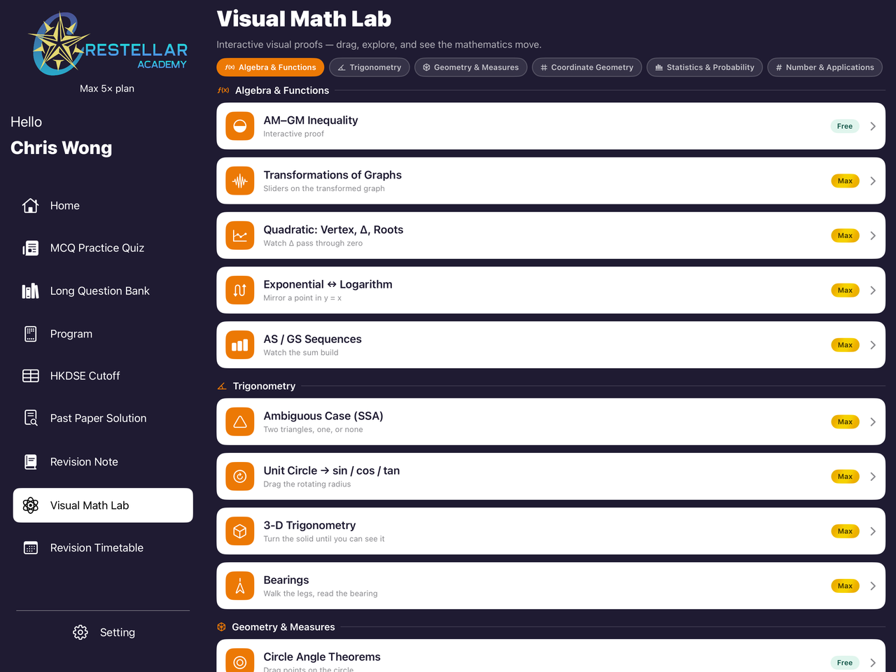 Visual Math Lab — 21 interactive topics grouped by strand · 數學動態實驗室