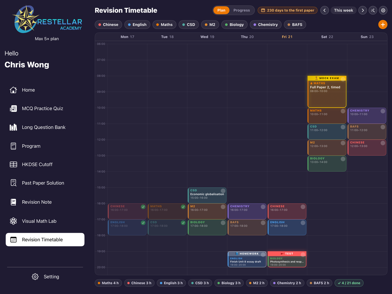 Revision Timetable — a colour-coded student week · 溫習時間表